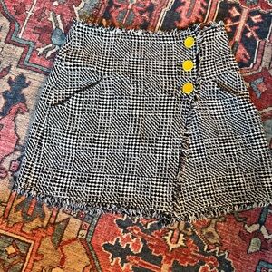 Tanya Taylor Black and White Houndstooth Mini Skirt with Yellow Buttons